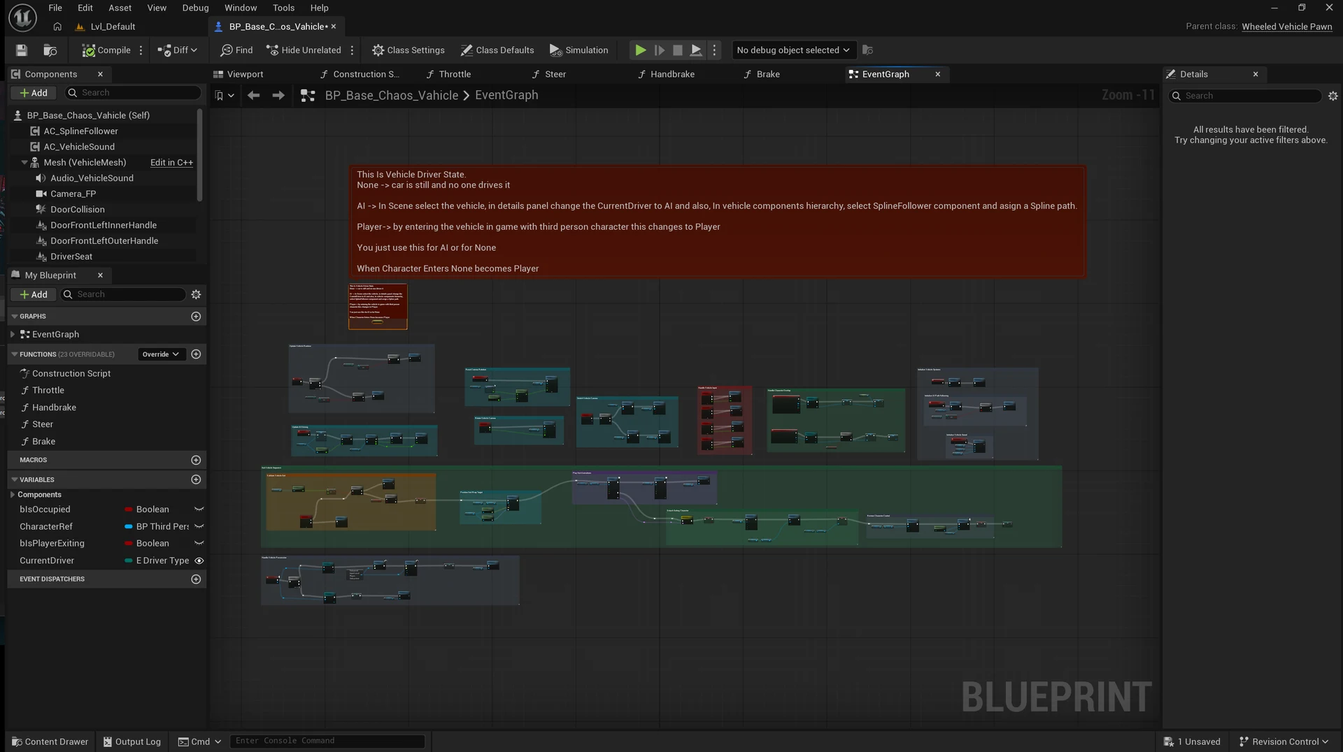 Organized and commented sections of the base Chaos Vehicle Blueprint.